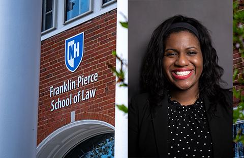 Amber Ezzell portrait in front of an image of the front sign of the law school